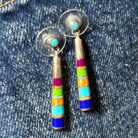 Sterling Turquoise/Multicolor Pendant Post Earring - Picture 3 of 5